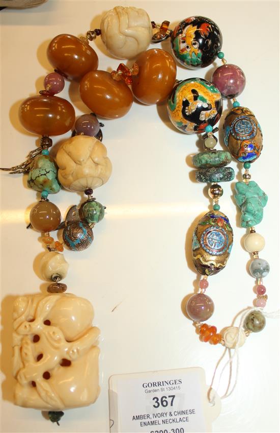 Amber, ivory & Chinese enamel necklace(-)